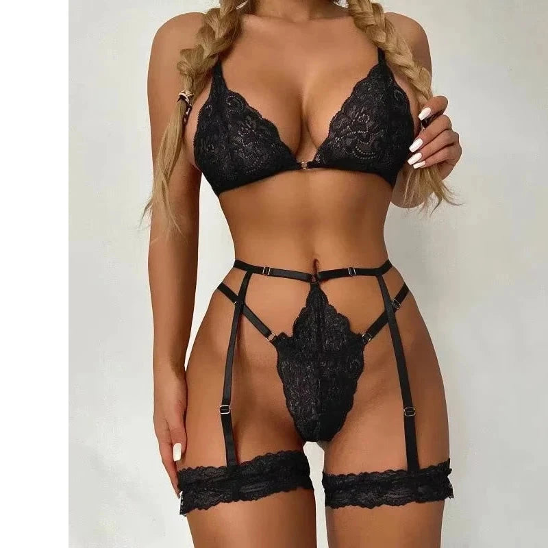 ~sophie~ 3 Piece Pajama Set Sheer Lace Bra Set