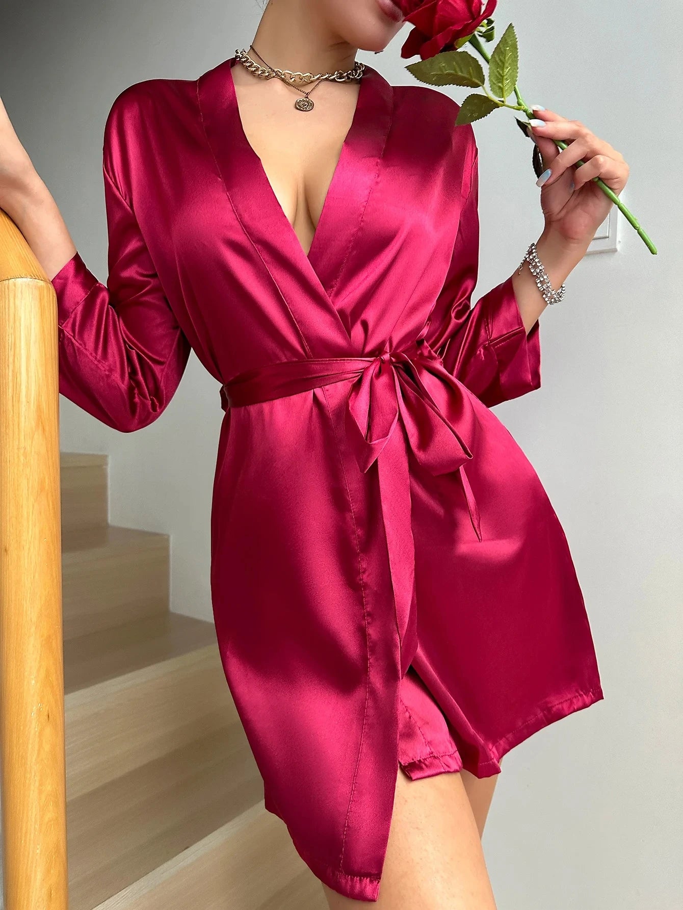 ~sophia~Satin Nightgown Long Sleeve V-Neck Dressing Gown