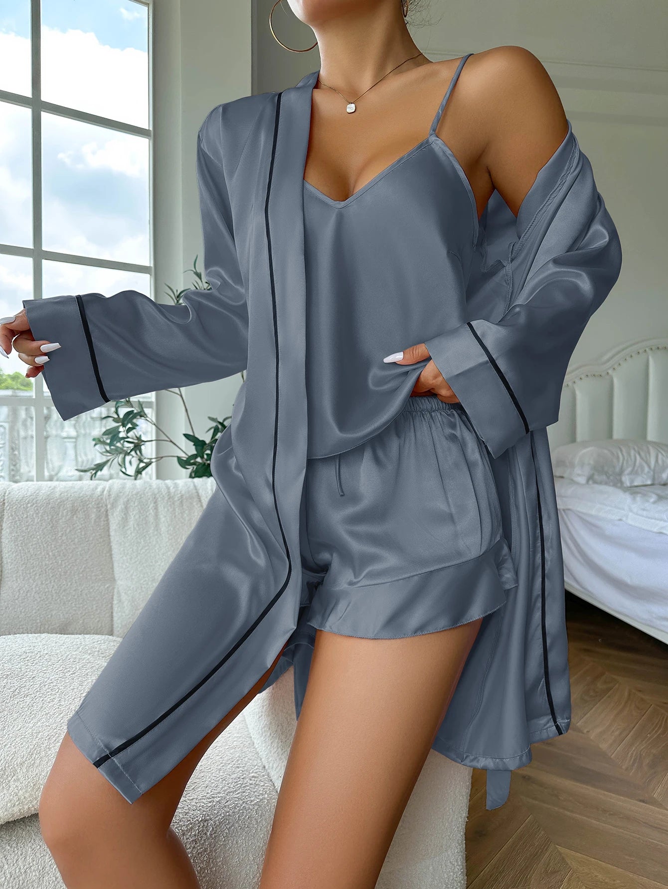 ~Harper~ Satin Pajama Set Dressing Gown Shorts Nightgown for Women