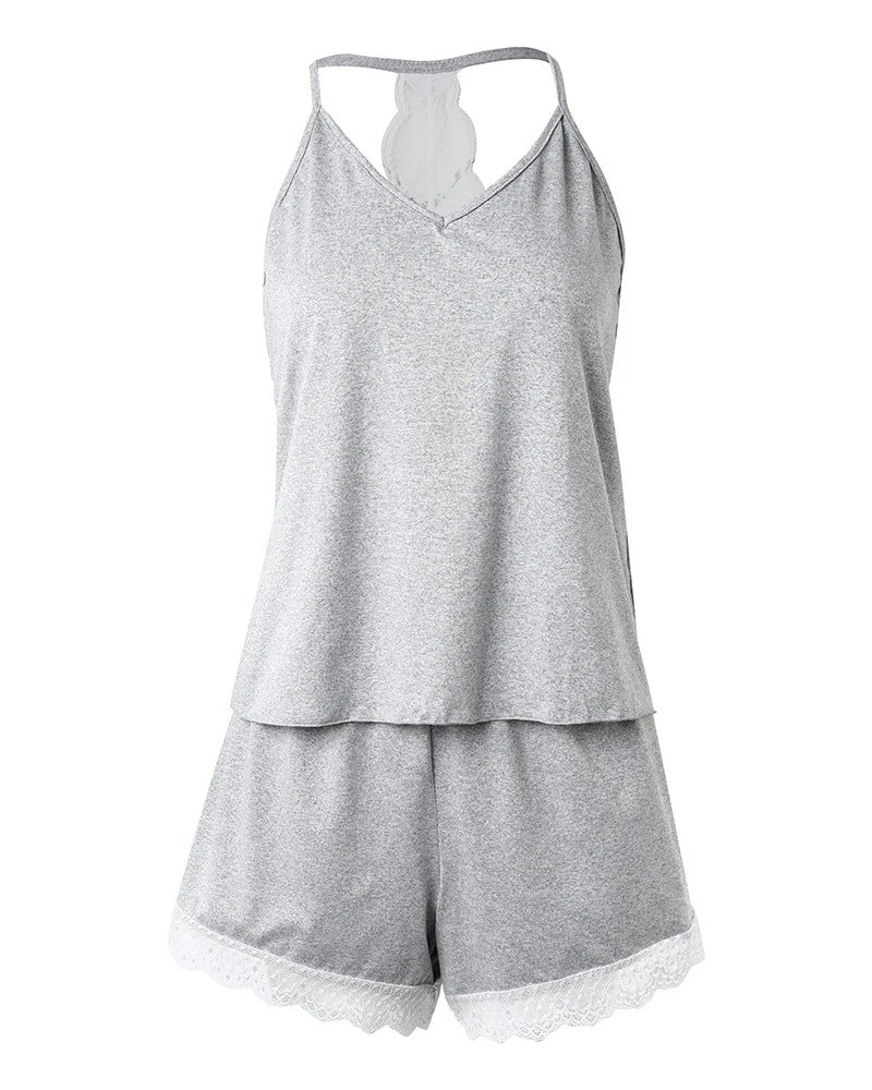 ~Hazel~Lace Pajamas Sleeveless V-Neck Comfortable Daily Wear 2 Piece Nightgown Set