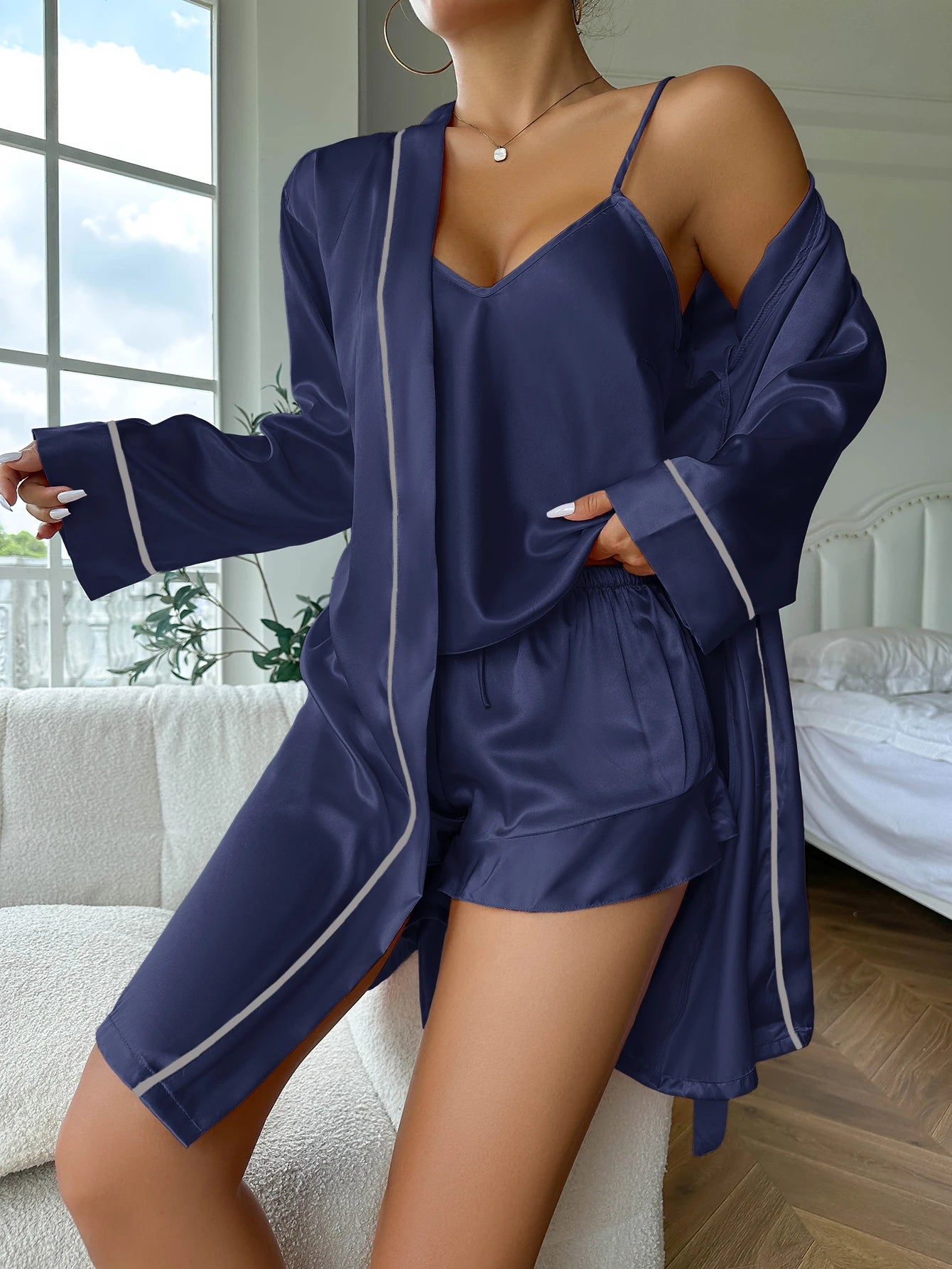 ~Harper~ Satin Pajama Set Dressing Gown Shorts Nightgown for Women