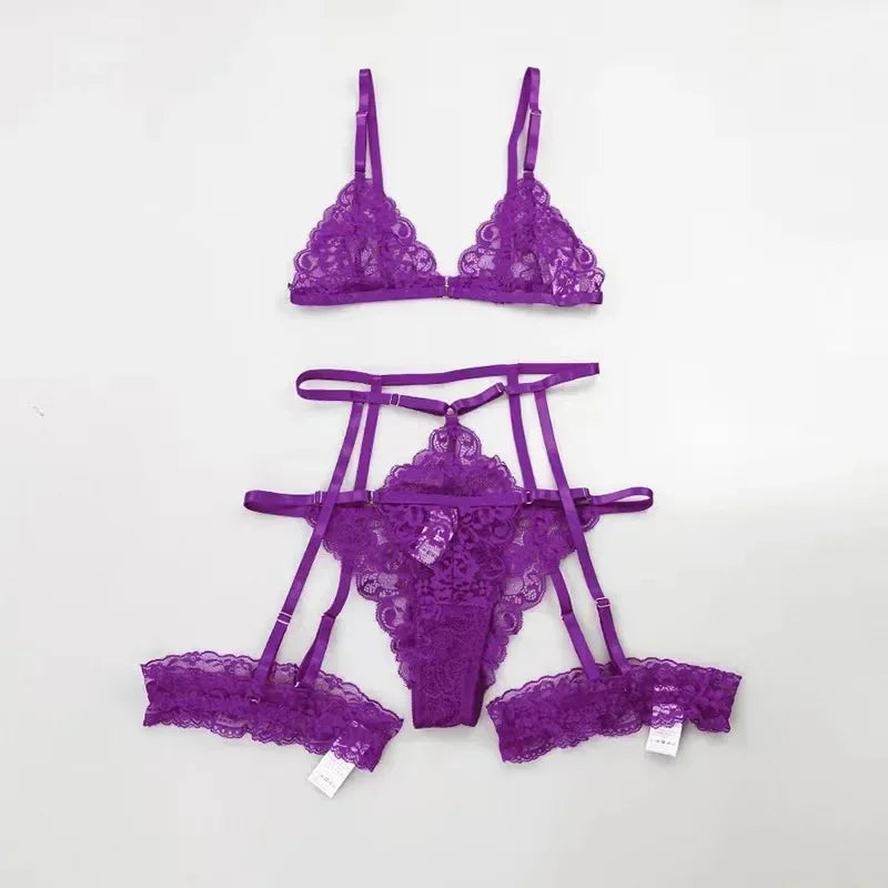 ~sophie~ 3 Piece Pajama Set Sheer Lace Bra Set