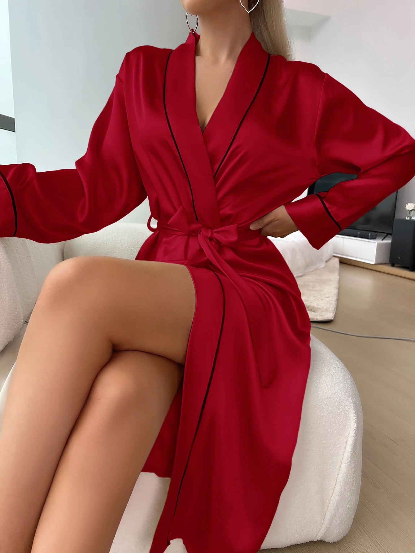 Plain Satin Nightgown Dressing Gown Elegant Long Sleeve V Neck Pajamas