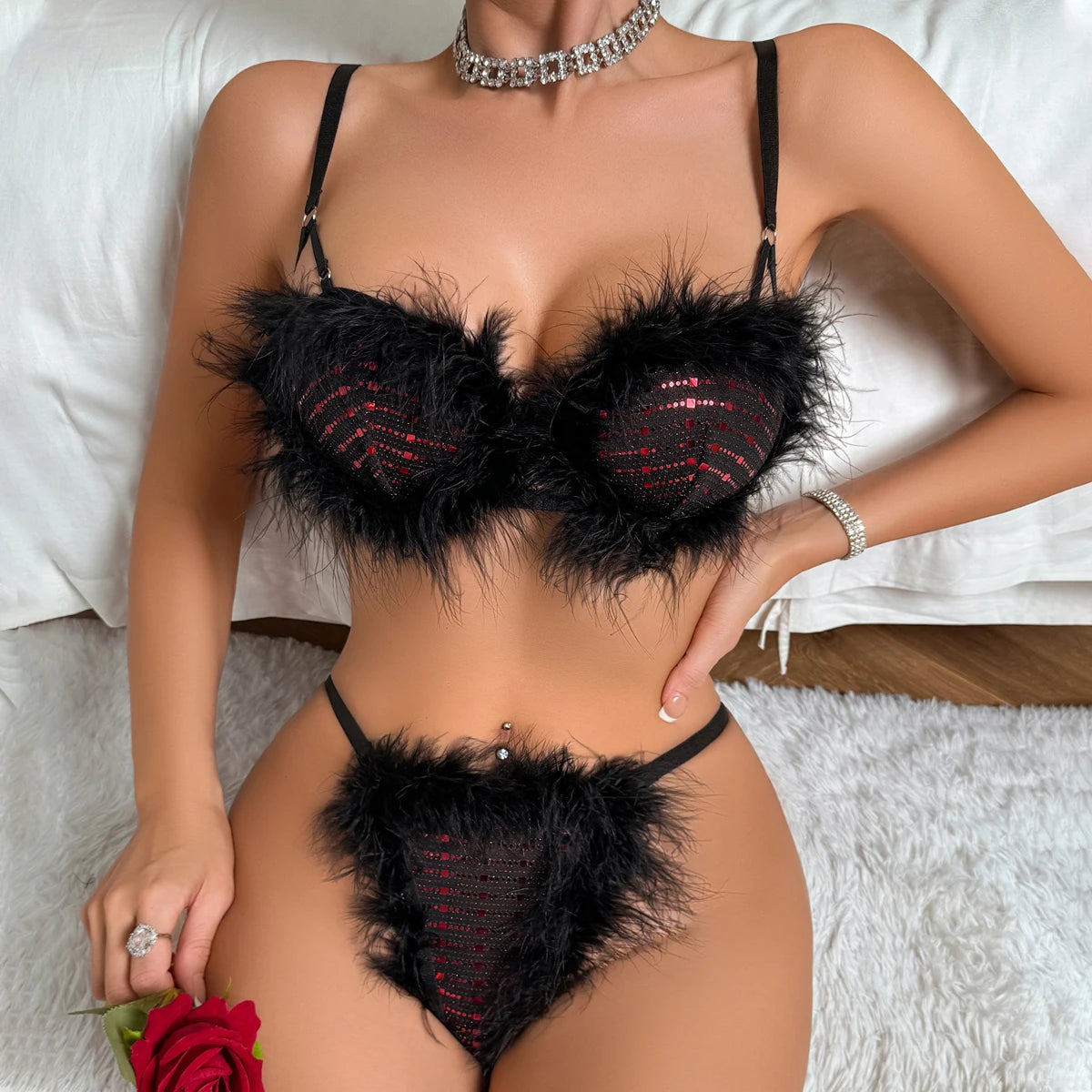 ~maya~New Feather Bra 2 Piece Luxury Sexy For Women