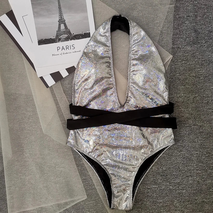 ~Natalia~sexy shiny silver belted bikinis