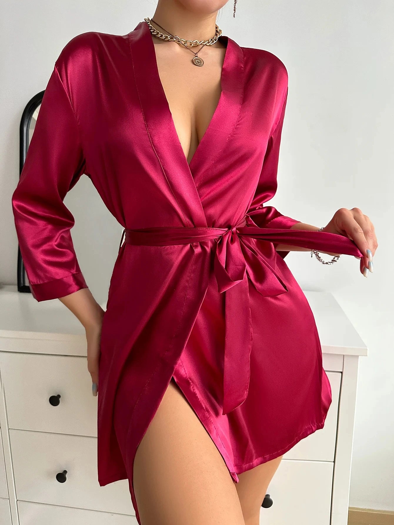 ~sophia~Satin Nightgown Long Sleeve V-Neck Dressing Gown